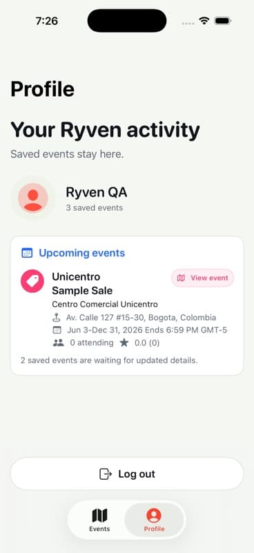 Ryven iPhone profile showing saved and upcoming events.