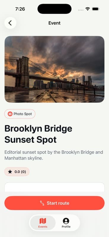 Ryven event detail with photo, rating, and Start route action.